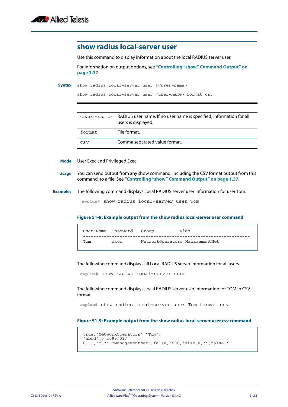 Show radius local-server user | Allied Telesis AlliedWare Plus Operating System Version 5.4.4C (x310-26FT,x310-26FP,x310-50FT,x310-50FP) User Manual | Page 1361 / 2220