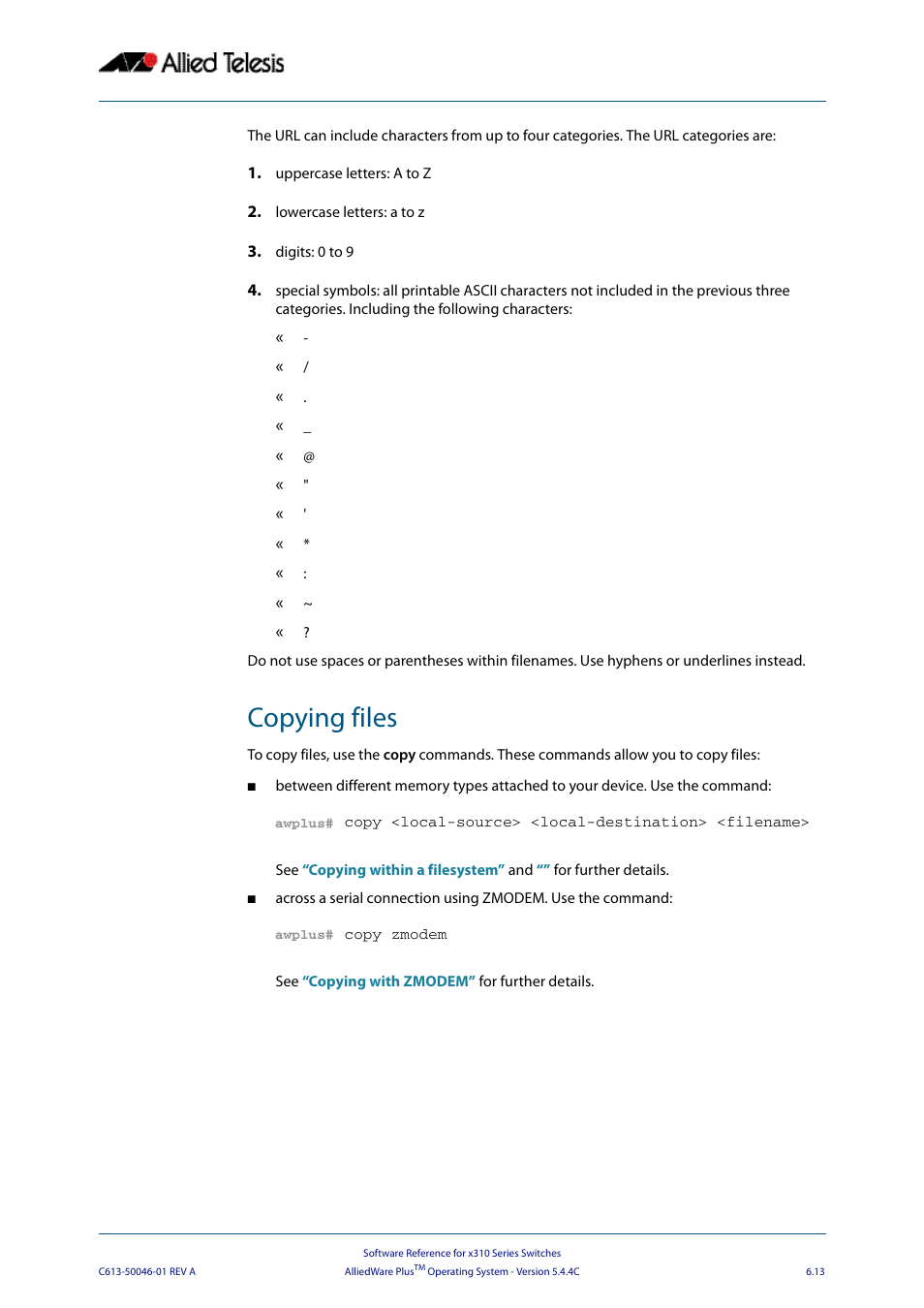 Copying files, Copying, Files | Allied Telesis AlliedWare Plus Operating System Version 5.4.4C (x310-26FT,x310-26FP,x310-50FT,x310-50FP) User Manual | Page 137 / 2220