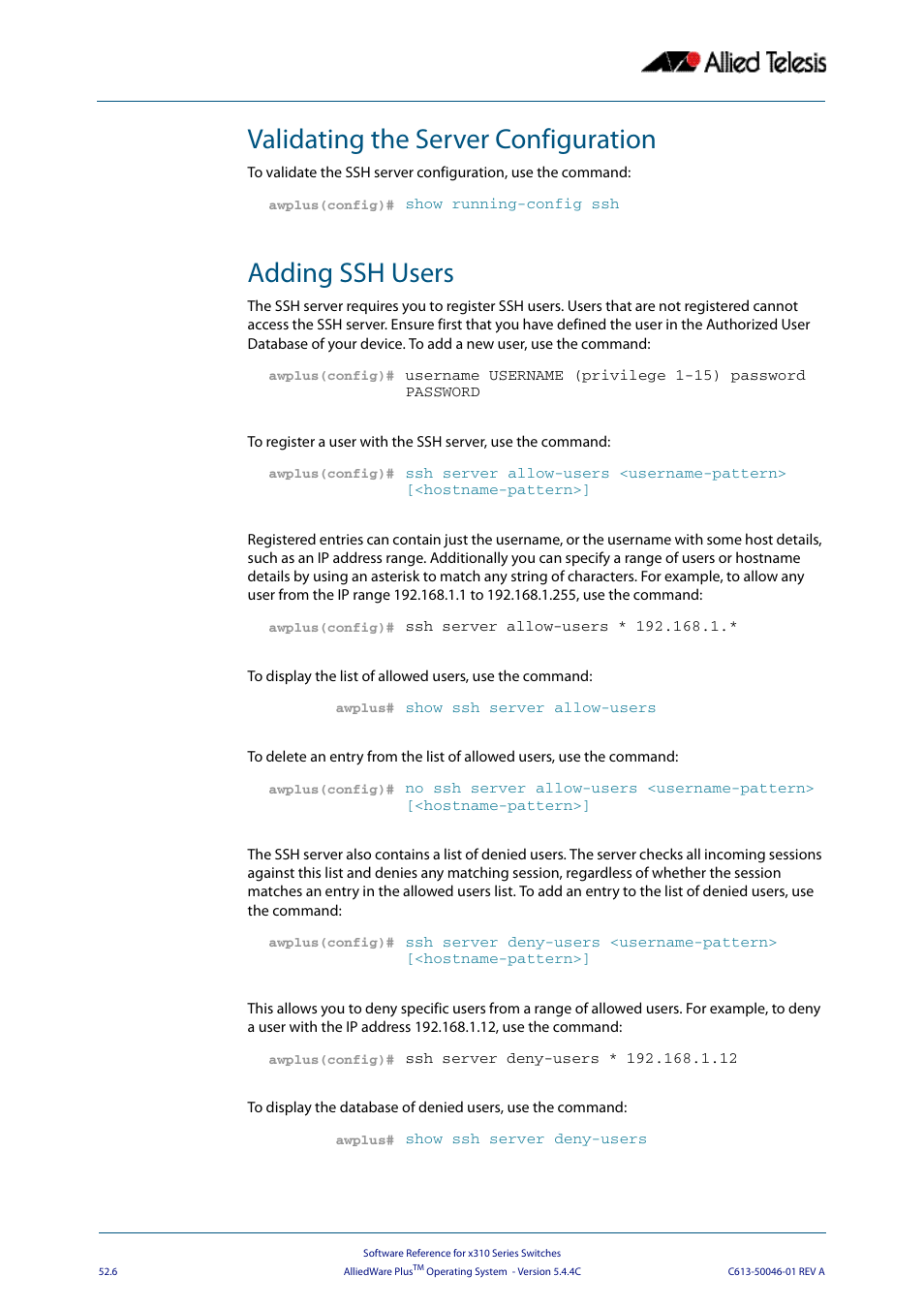 Validating the server configuration, Adding ssh users | Allied Telesis AlliedWare Plus Operating System Version 5.4.4C (x310-26FT,x310-26FP,x310-50FT,x310-50FP) User Manual | Page 1372 / 2220