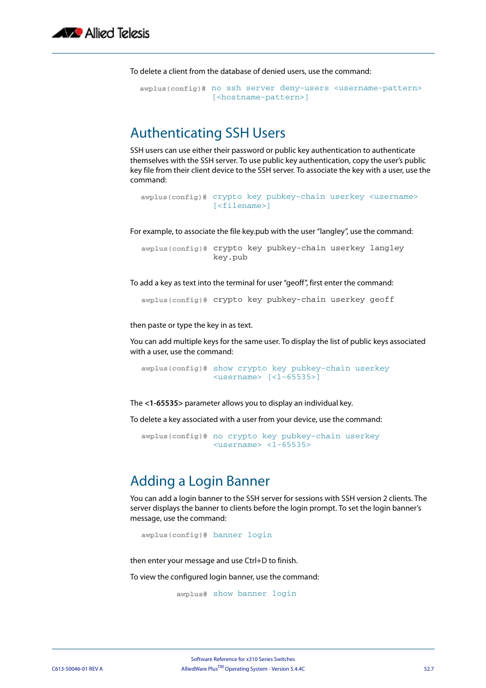 Authenticating ssh users, Adding a login banner, Authenticating ssh users adding a login banner | Allied Telesis AlliedWare Plus Operating System Version 5.4.4C (x310-26FT,x310-26FP,x310-50FT,x310-50FP) User Manual | Page 1373 / 2220