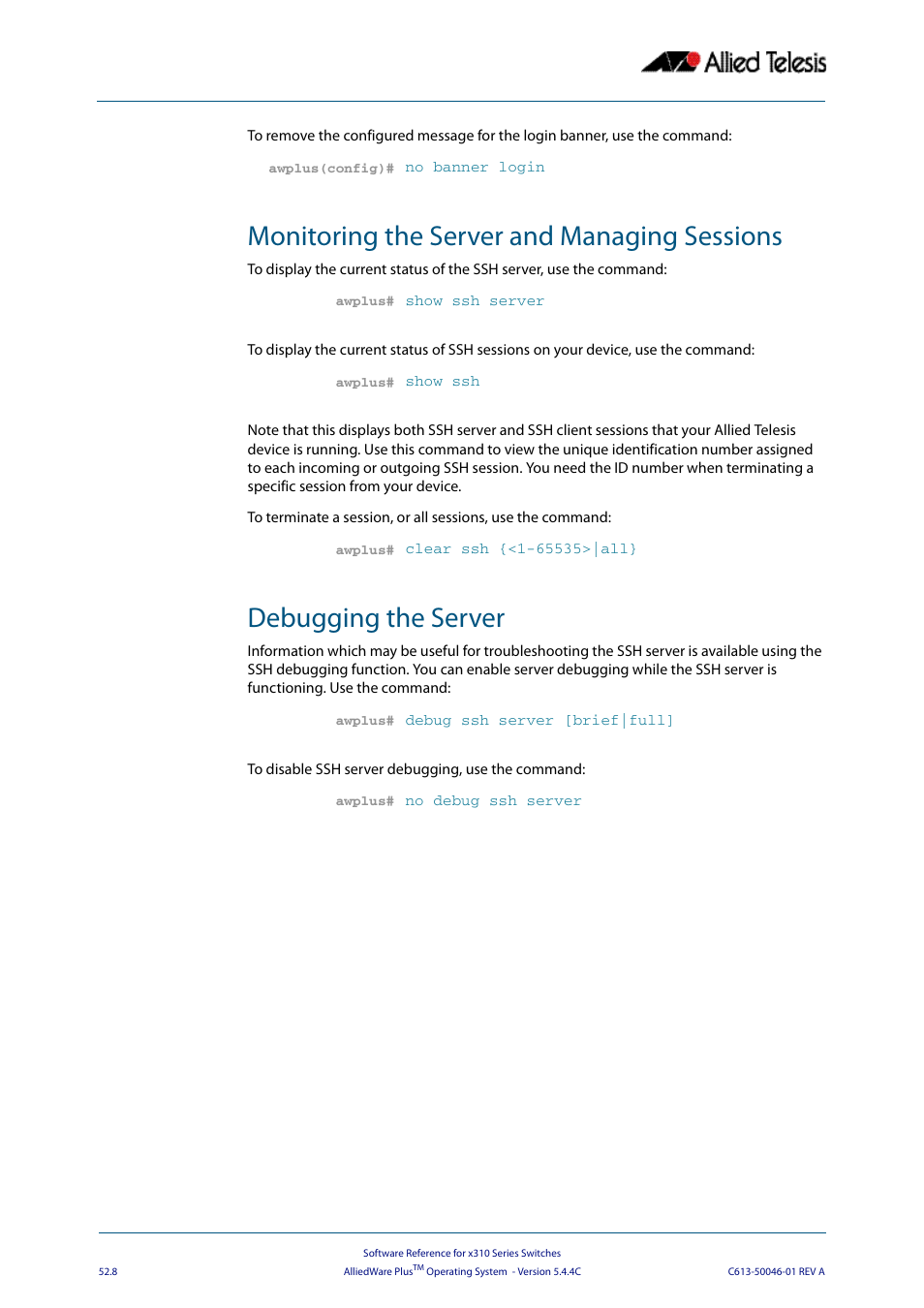 Monitoring the server and managing sessions, Debugging the server | Allied Telesis AlliedWare Plus Operating System Version 5.4.4C (x310-26FT,x310-26FP,x310-50FT,x310-50FP) User Manual | Page 1374 / 2220