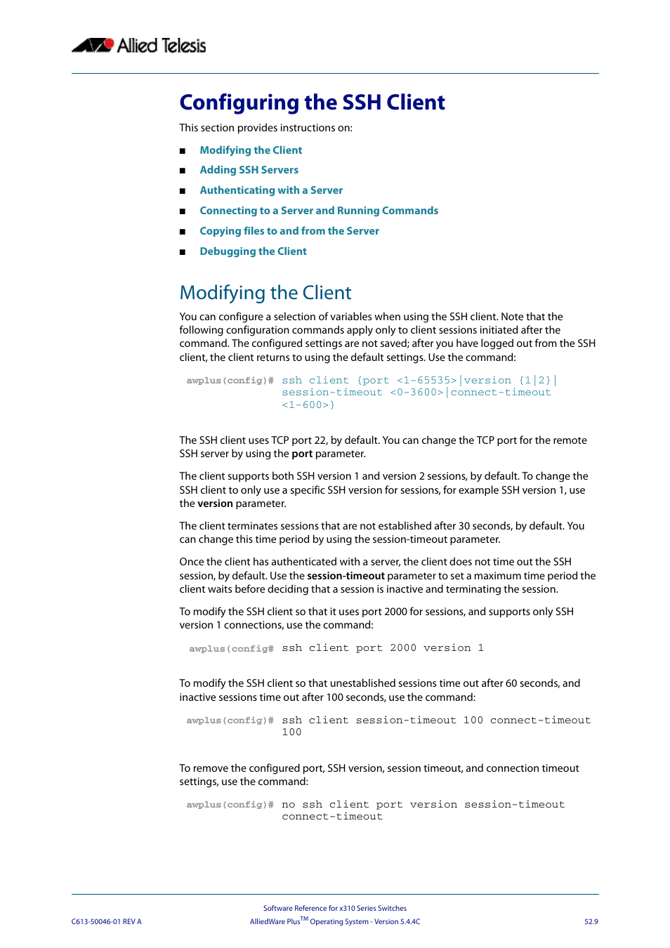 Configuring the ssh client, Modifying the client | Allied Telesis AlliedWare Plus Operating System Version 5.4.4C (x310-26FT,x310-26FP,x310-50FT,x310-50FP) User Manual | Page 1375 / 2220