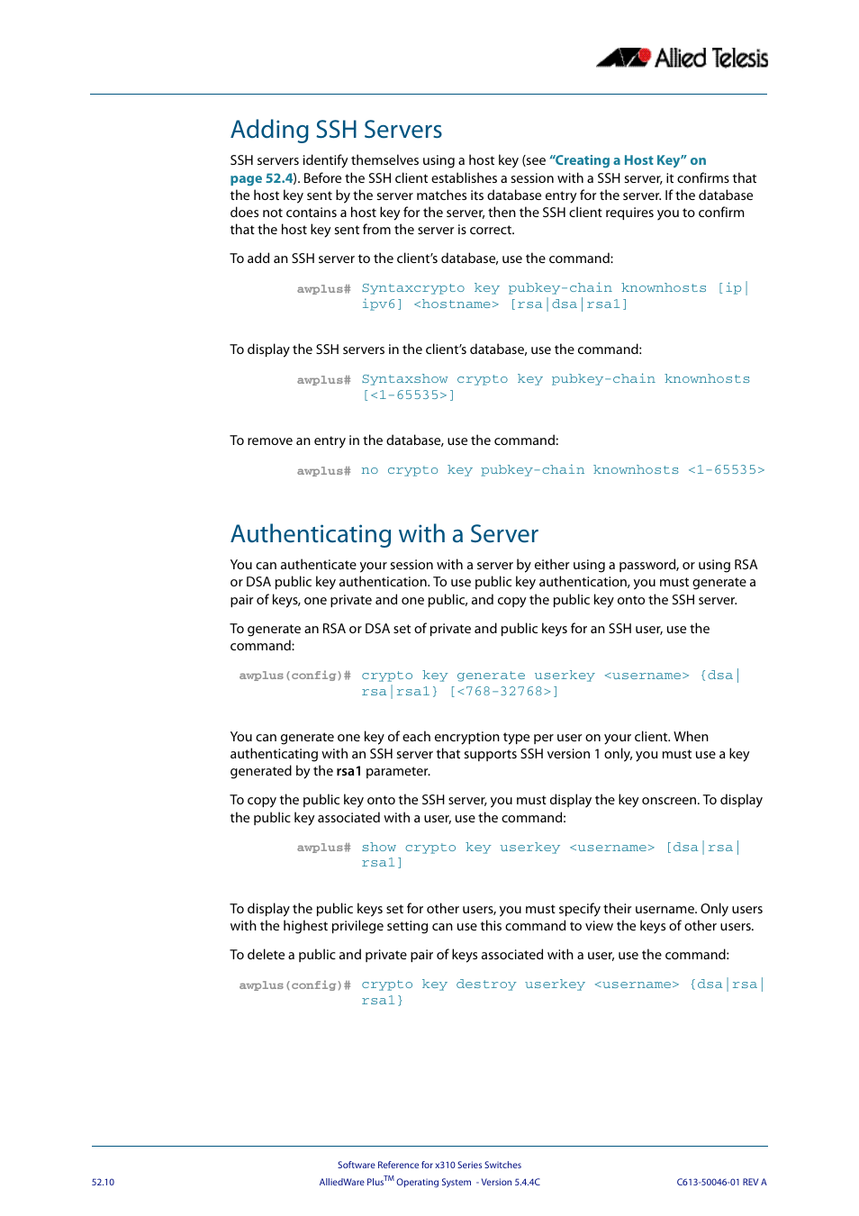 Adding ssh servers, Authenticating with a server, Adding ssh servers authenticating with a server | Allied Telesis AlliedWare Plus Operating System Version 5.4.4C (x310-26FT,x310-26FP,x310-50FT,x310-50FP) User Manual | Page 1376 / 2220
