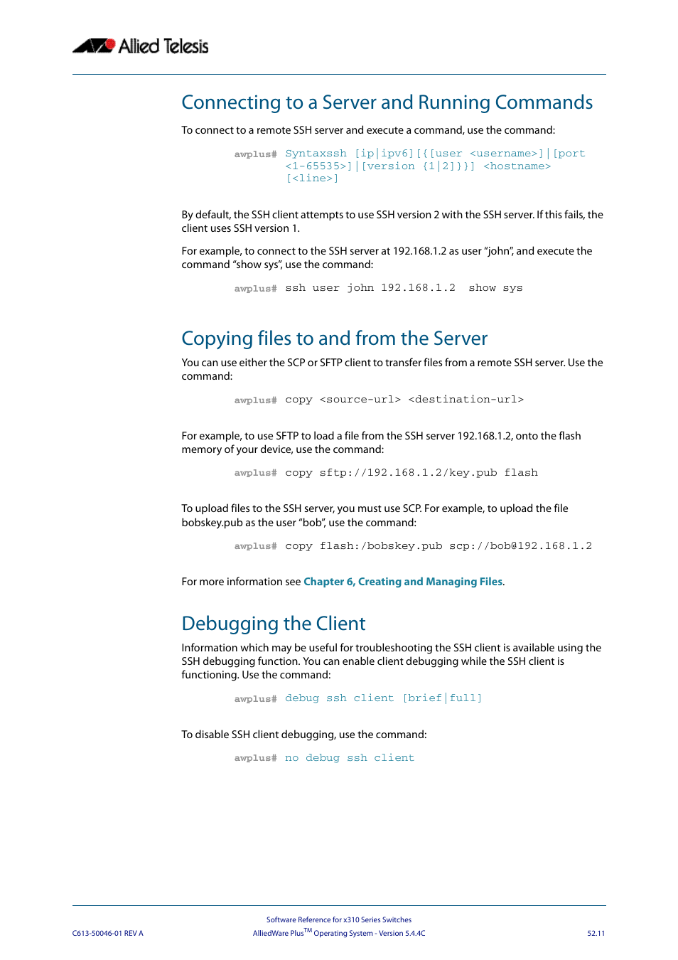 Connecting to a server and running commands, Copying files to and from the server, Debugging the client | Allied Telesis AlliedWare Plus Operating System Version 5.4.4C (x310-26FT,x310-26FP,x310-50FT,x310-50FP) User Manual | Page 1377 / 2220