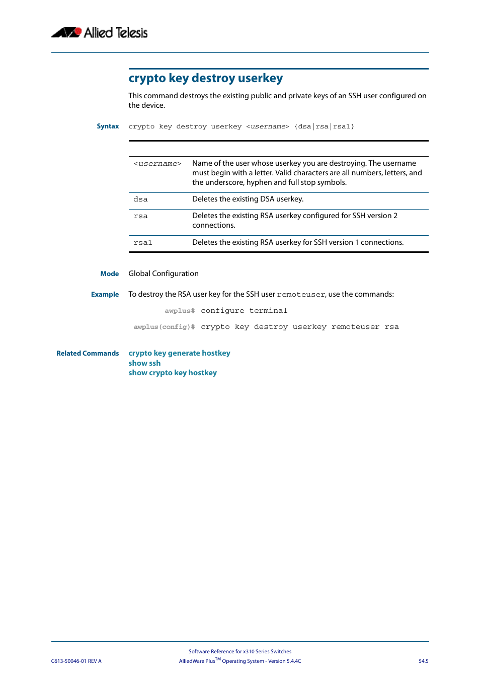 Crypto key destroy userkey | Allied Telesis AlliedWare Plus Operating System Version 5.4.4C (x310-26FT,x310-26FP,x310-50FT,x310-50FP) User Manual | Page 1387 / 2220