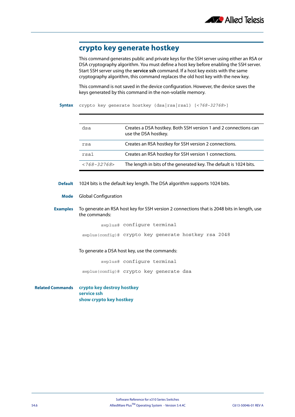 Crypto key generate hostkey | Allied Telesis AlliedWare Plus Operating System Version 5.4.4C (x310-26FT,x310-26FP,x310-50FT,x310-50FP) User Manual | Page 1388 / 2220