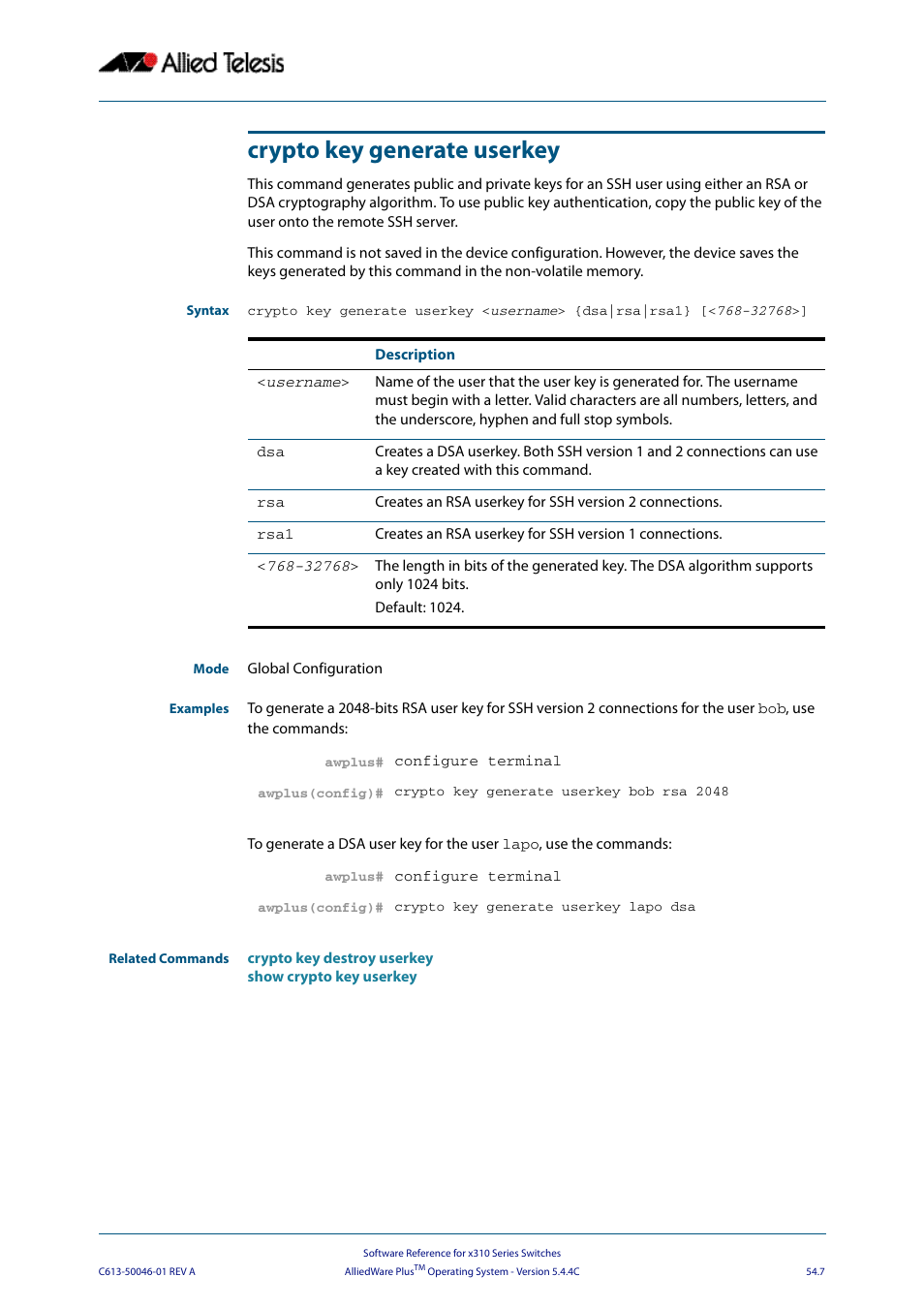 Crypto key generate userkey | Allied Telesis AlliedWare Plus Operating System Version 5.4.4C (x310-26FT,x310-26FP,x310-50FT,x310-50FP) User Manual | Page 1389 / 2220