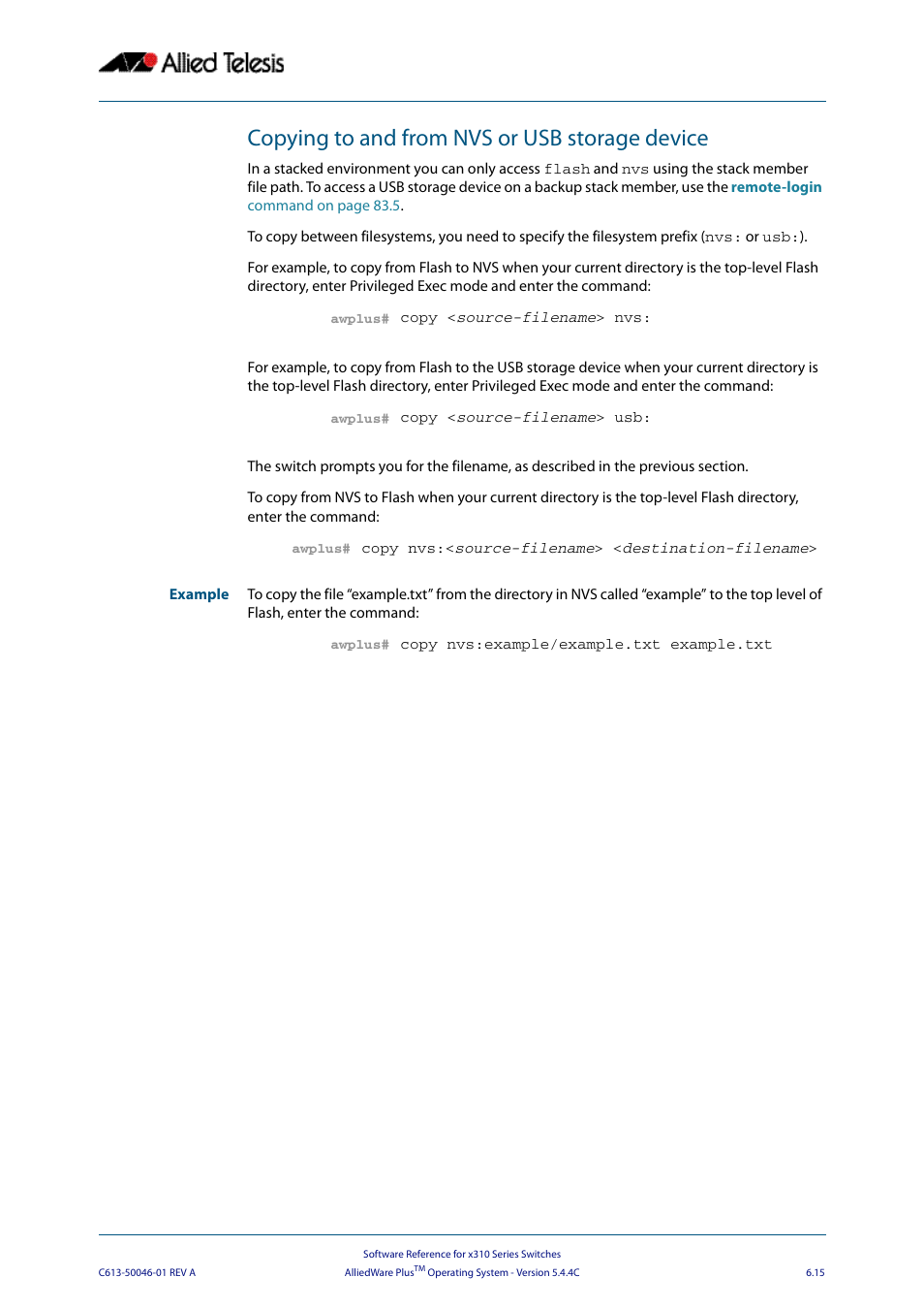 Copying to and from nvs or usb storage device | Allied Telesis AlliedWare Plus Operating System Version 5.4.4C (x310-26FT,x310-26FP,x310-50FT,x310-50FP) User Manual | Page 139 / 2220