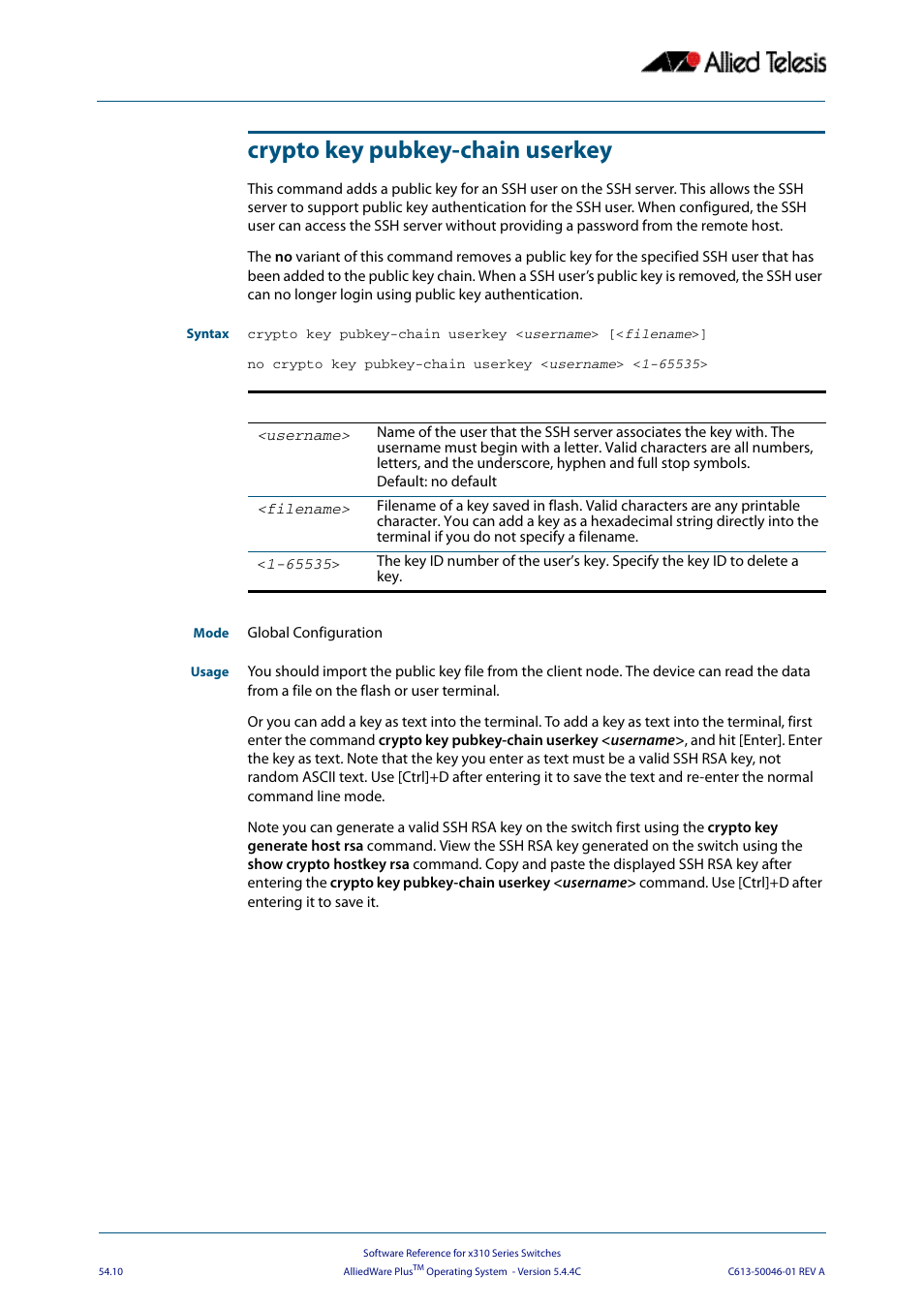 Crypto key pubkey-chain userkey | Allied Telesis AlliedWare Plus Operating System Version 5.4.4C (x310-26FT,x310-26FP,x310-50FT,x310-50FP) User Manual | Page 1392 / 2220