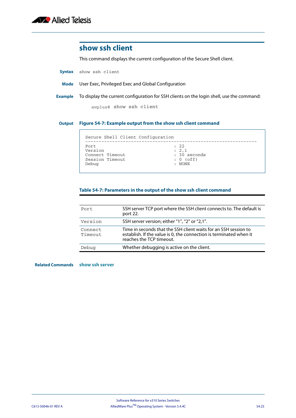 Show ssh client | Allied Telesis AlliedWare Plus Operating System Version 5.4.4C (x310-26FT,x310-26FP,x310-50FT,x310-50FP) User Manual | Page 1405 / 2220