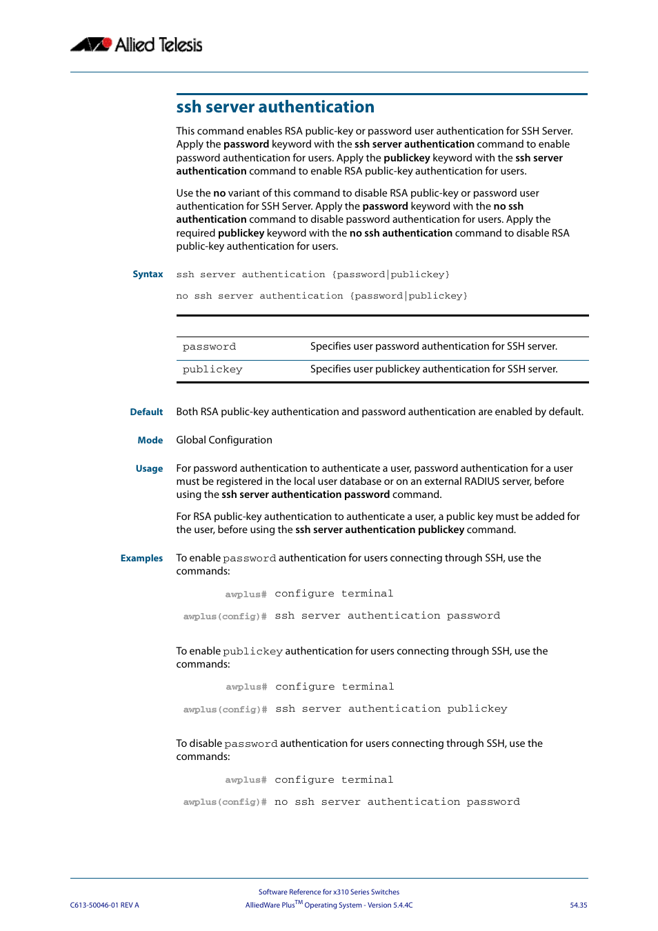 Ssh server authentication | Allied Telesis AlliedWare Plus Operating System Version 5.4.4C (x310-26FT,x310-26FP,x310-50FT,x310-50FP) User Manual | Page 1417 / 2220