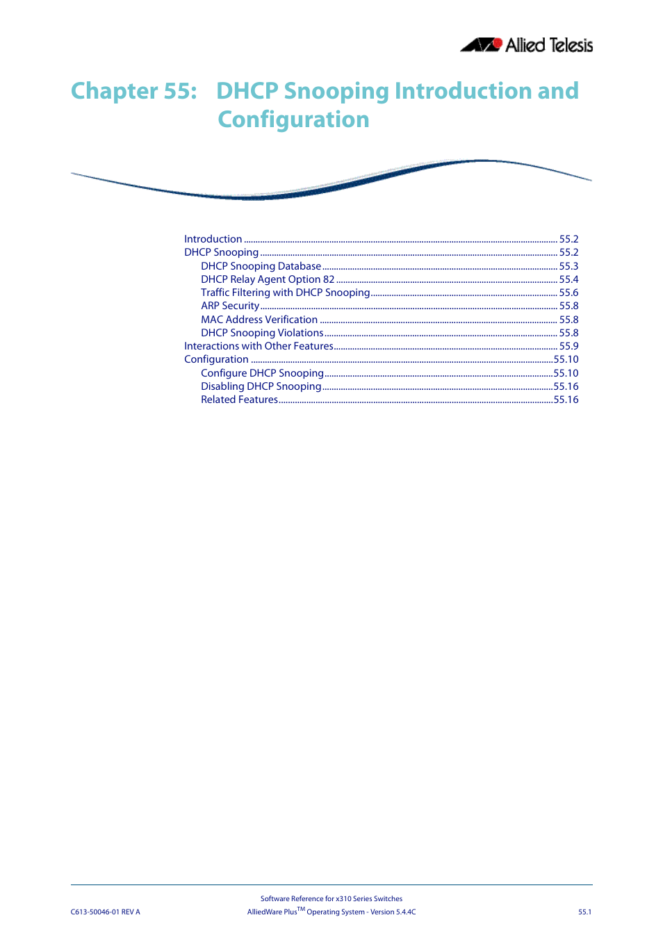 Chapter 55, Dhcp snooping introduction and configuration, Chapter 55 dhcp snooping introduction and | Configuration | Allied Telesis AlliedWare Plus Operating System Version 5.4.4C (x310-26FT,x310-26FP,x310-50FT,x310-50FP) User Manual | Page 1423 / 2220