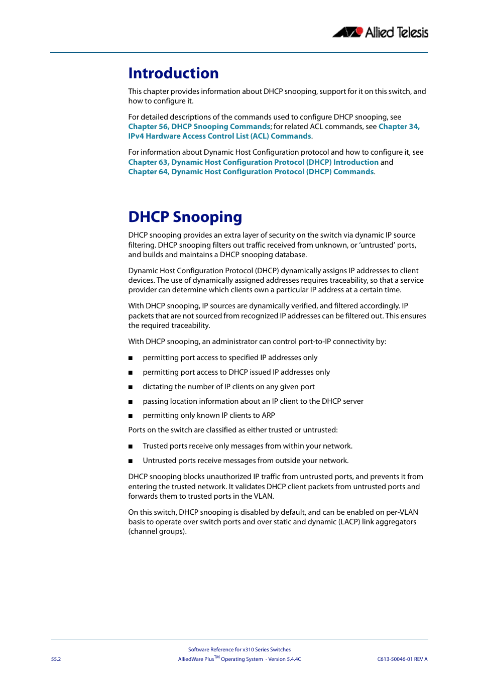 Introduction, Dhcp snooping, Introduction dhcp snooping | Allied Telesis AlliedWare Plus Operating System Version 5.4.4C (x310-26FT,x310-26FP,x310-50FT,x310-50FP) User Manual | Page 1424 / 2220