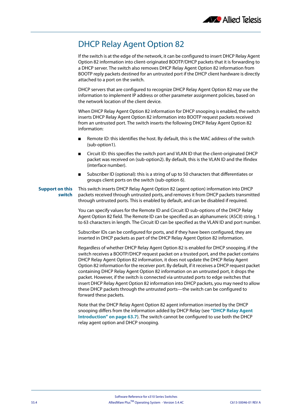 Dhcp relay agent option 82 | Allied Telesis AlliedWare Plus Operating System Version 5.4.4C (x310-26FT,x310-26FP,x310-50FT,x310-50FP) User Manual | Page 1426 / 2220