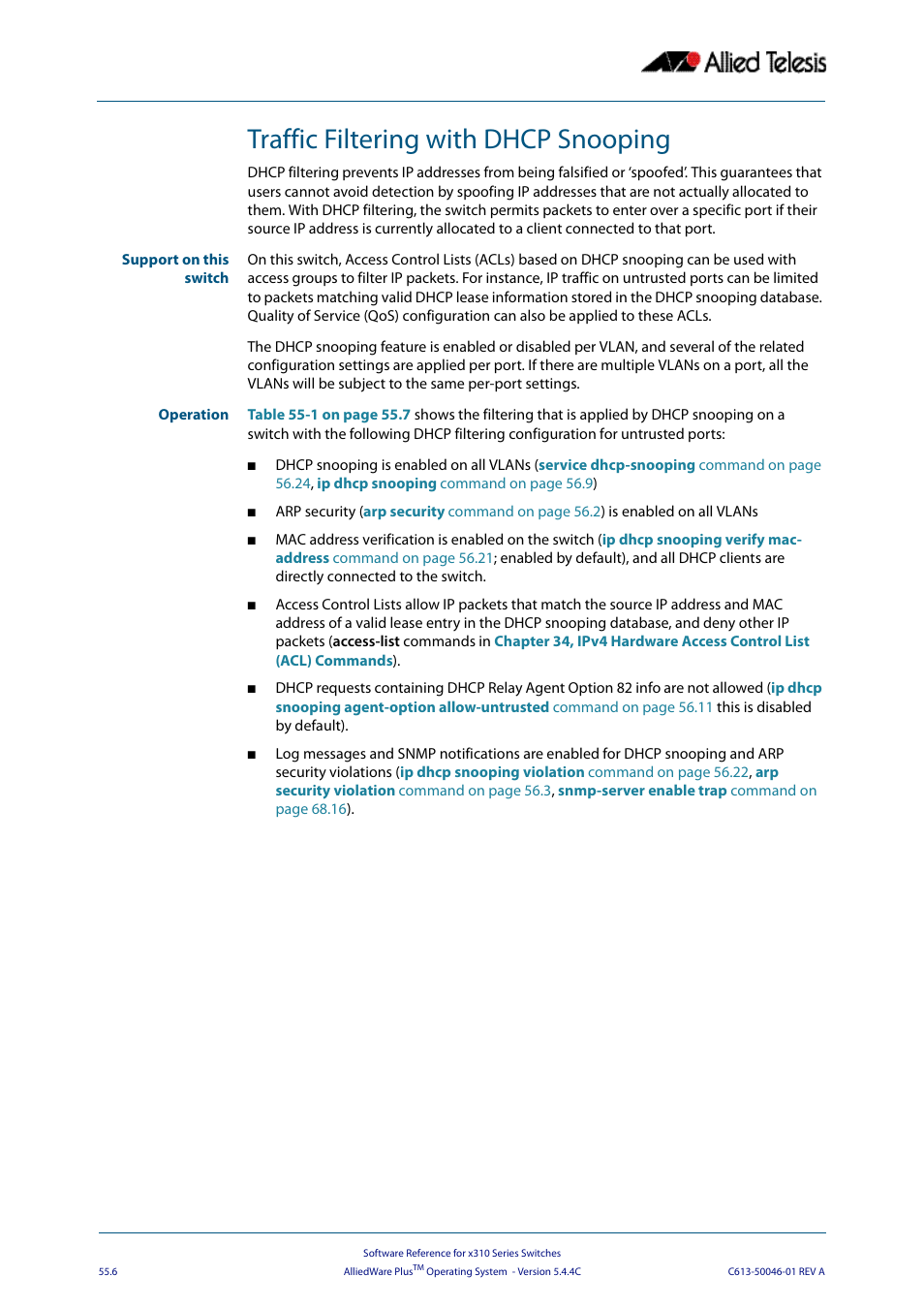Traffic filtering with dhcp snooping | Allied Telesis AlliedWare Plus Operating System Version 5.4.4C (x310-26FT,x310-26FP,x310-50FT,x310-50FP) User Manual | Page 1428 / 2220