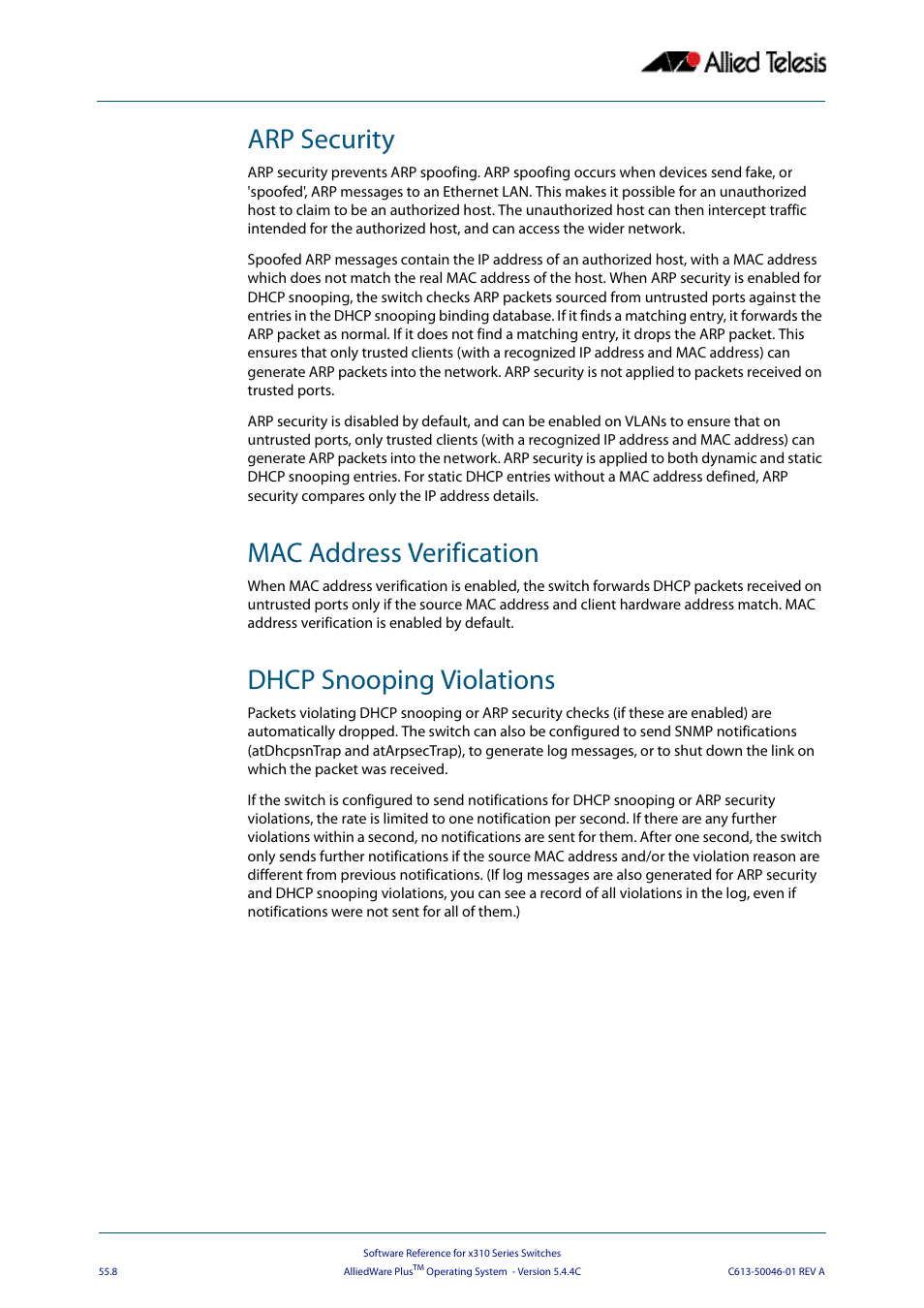 Arp security, Mac address verification, Dhcp snooping violations | Allied Telesis AlliedWare Plus Operating System Version 5.4.4C (x310-26FT,x310-26FP,x310-50FT,x310-50FP) User Manual | Page 1430 / 2220