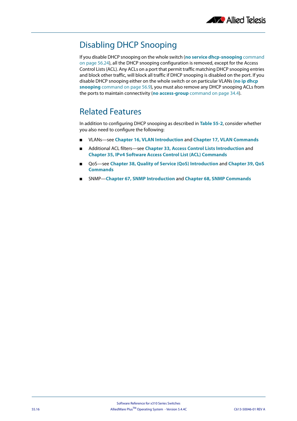 Disabling dhcp snooping, Related features, Disabling dhcp snooping related features | Allied Telesis AlliedWare Plus Operating System Version 5.4.4C (x310-26FT,x310-26FP,x310-50FT,x310-50FP) User Manual | Page 1438 / 2220