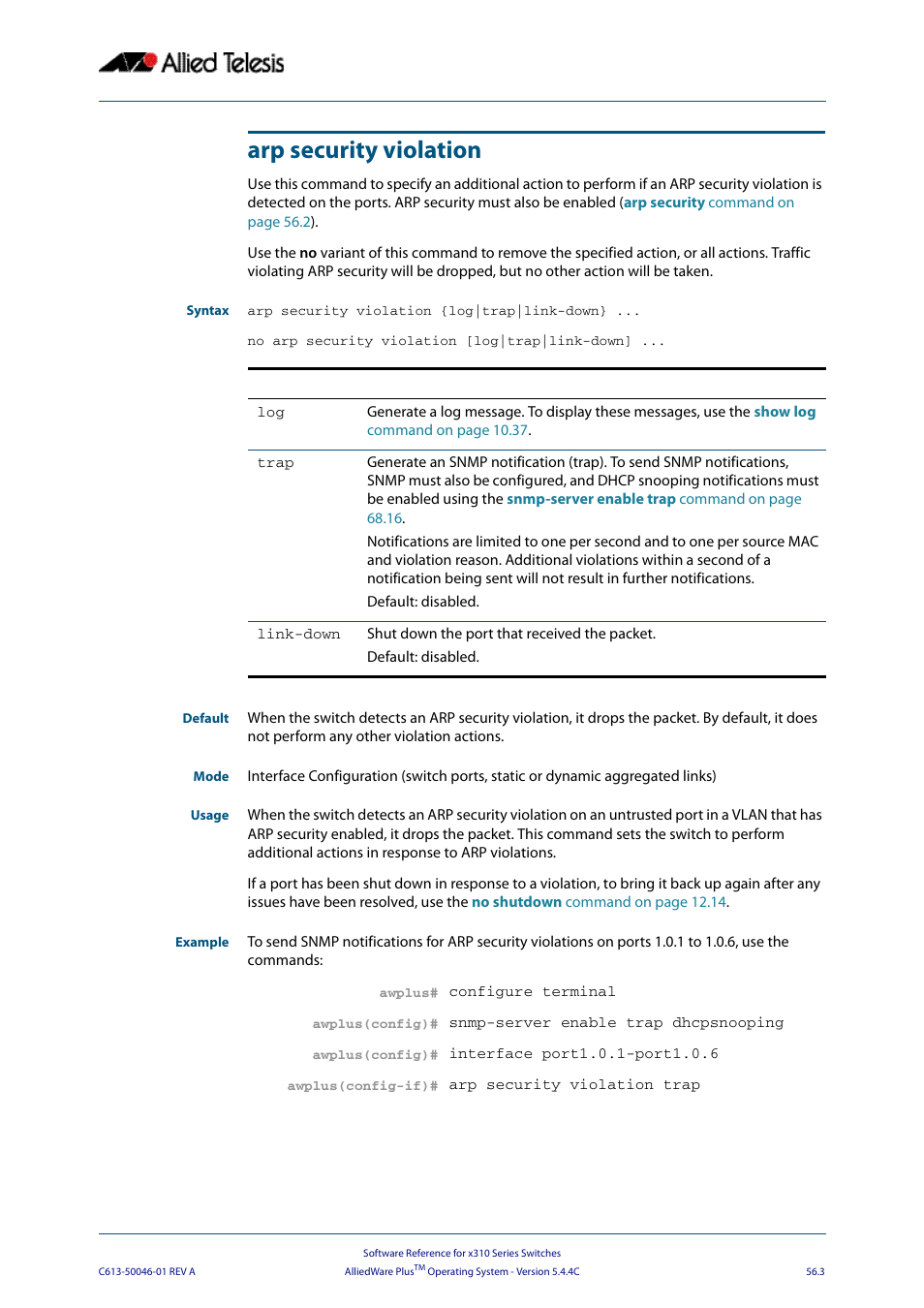 Arp security violation, Arp security violation {log|trap|link, Down | Allied Telesis AlliedWare Plus Operating System Version 5.4.4C (x310-26FT,x310-26FP,x310-50FT,x310-50FP) User Manual | Page 1441 / 2220