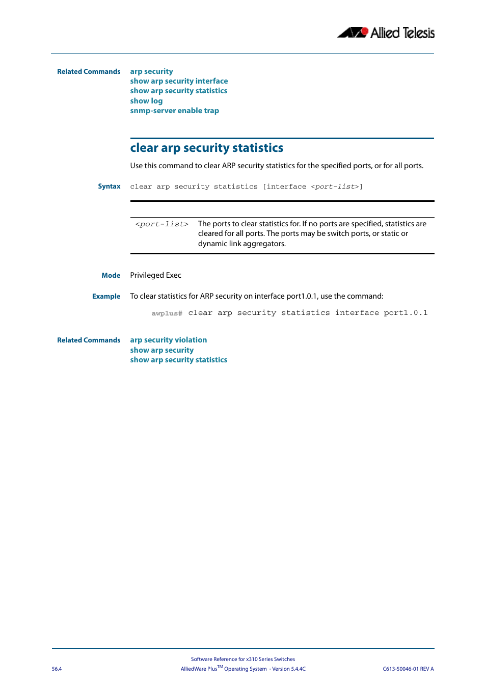 Clear arp security statistics, Interface <port-list | Allied Telesis AlliedWare Plus Operating System Version 5.4.4C (x310-26FT,x310-26FP,x310-50FT,x310-50FP) User Manual | Page 1442 / 2220