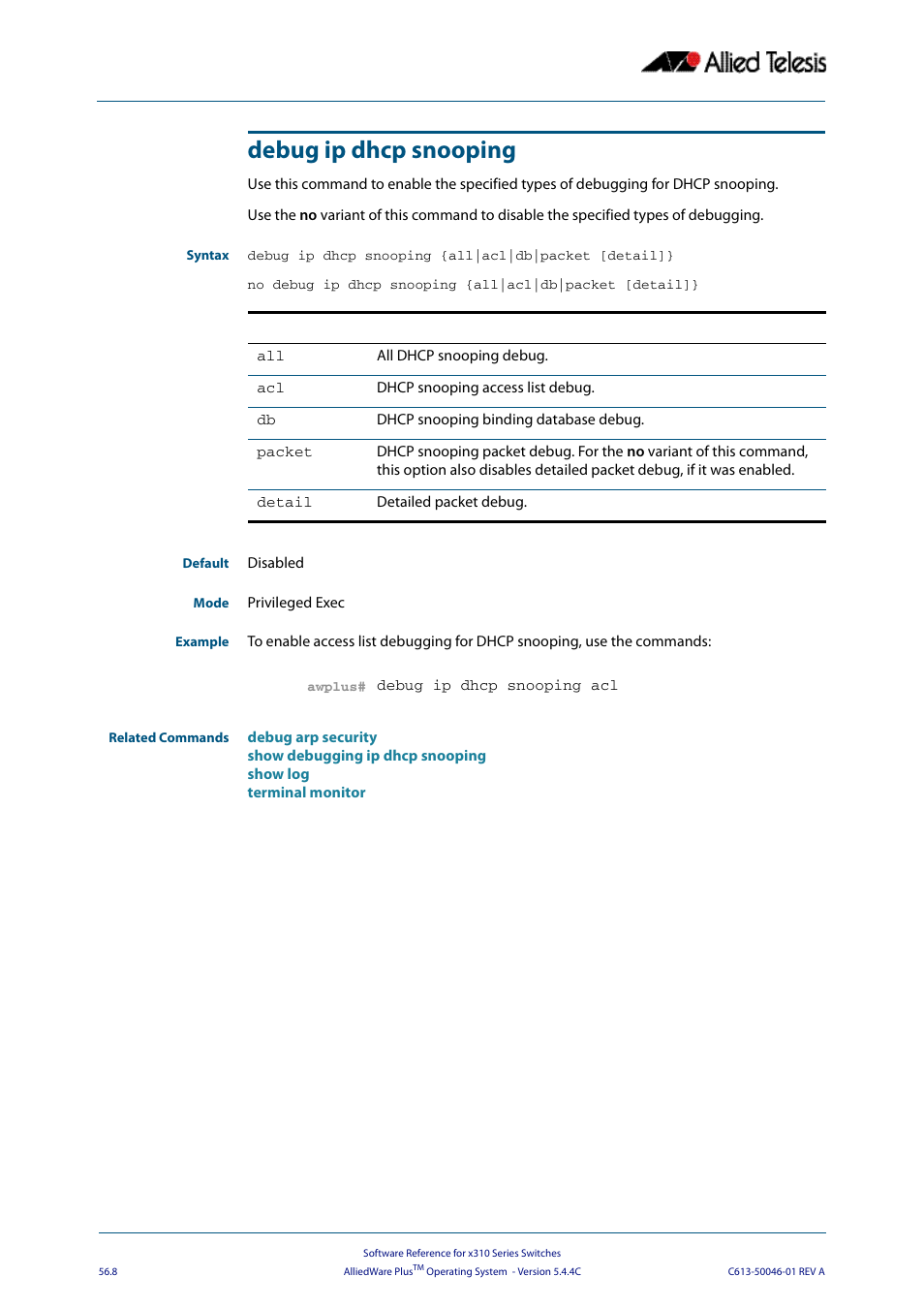 Debug ip dhcp snooping, Debug ip dhcp snooping {all|acl|db, Packet [detail | Allied Telesis AlliedWare Plus Operating System Version 5.4.4C (x310-26FT,x310-26FP,x310-50FT,x310-50FP) User Manual | Page 1446 / 2220