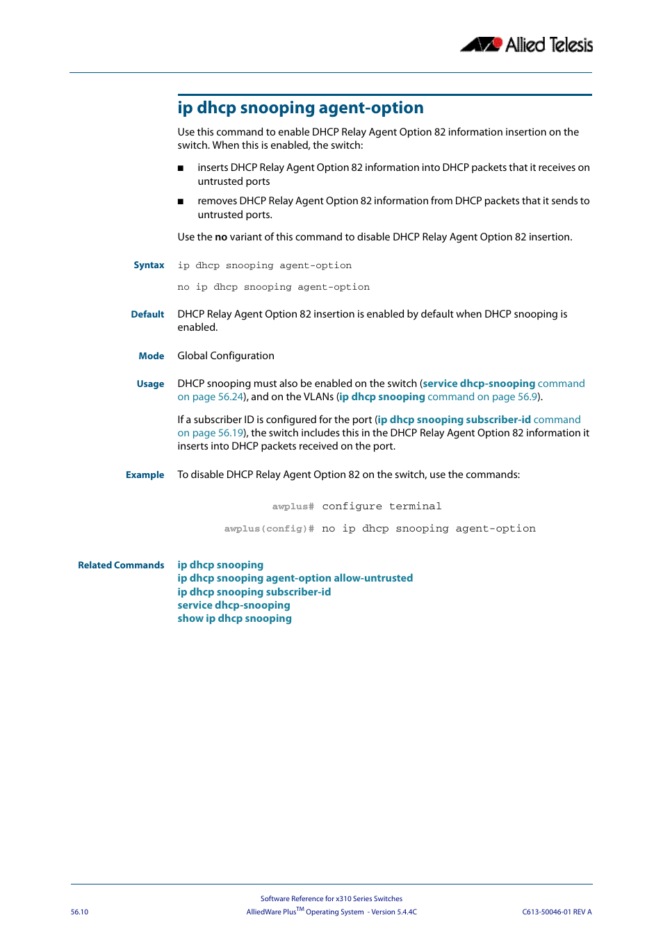 Ip dhcp snooping agent-option, No ip dhcp snooping agent-option | Allied Telesis AlliedWare Plus Operating System Version 5.4.4C (x310-26FT,x310-26FP,x310-50FT,x310-50FP) User Manual | Page 1448 / 2220