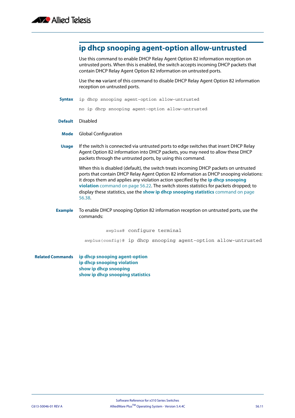 Ip dhcp snooping agent-option allow-untrusted, Ip dhcp snooping agent-option, Ip dhcp | Ip dhcp snooping agent-option allow, Untrusted | Allied Telesis AlliedWare Plus Operating System Version 5.4.4C (x310-26FT,x310-26FP,x310-50FT,x310-50FP) User Manual | Page 1449 / 2220