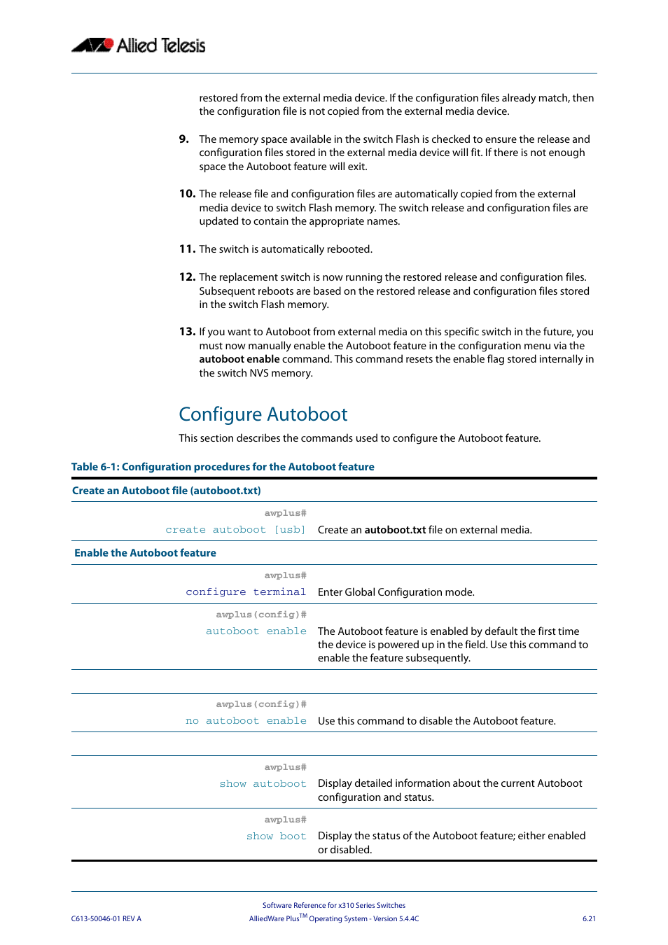 Configure autoboot | Allied Telesis AlliedWare Plus Operating System Version 5.4.4C (x310-26FT,x310-26FP,x310-50FT,x310-50FP) User Manual | Page 145 / 2220