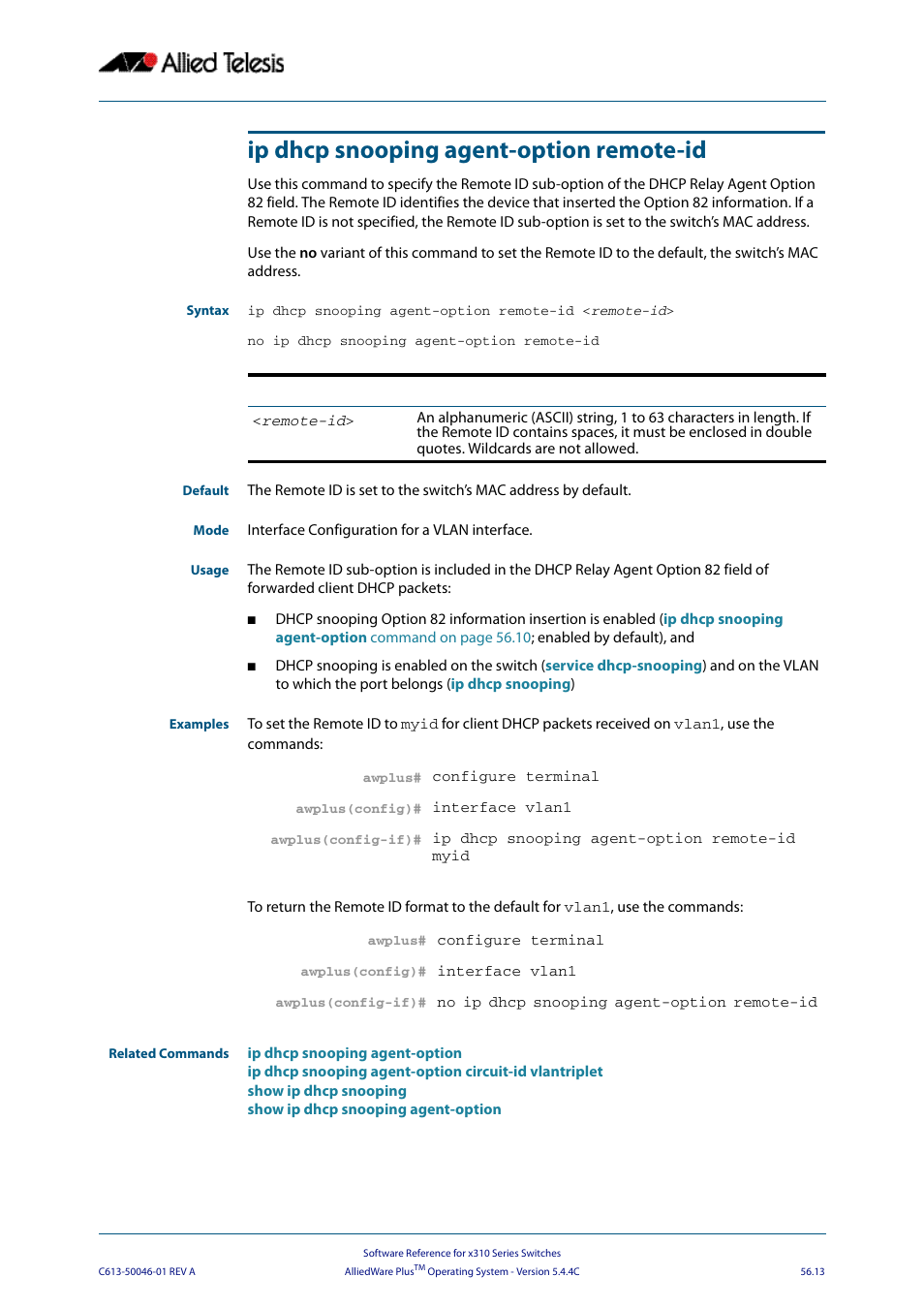 Ip dhcp snooping agent-option remote-id, Ip dhcp snooping agent-option remote, Id <remote-id | Allied Telesis AlliedWare Plus Operating System Version 5.4.4C (x310-26FT,x310-26FP,x310-50FT,x310-50FP) User Manual | Page 1451 / 2220