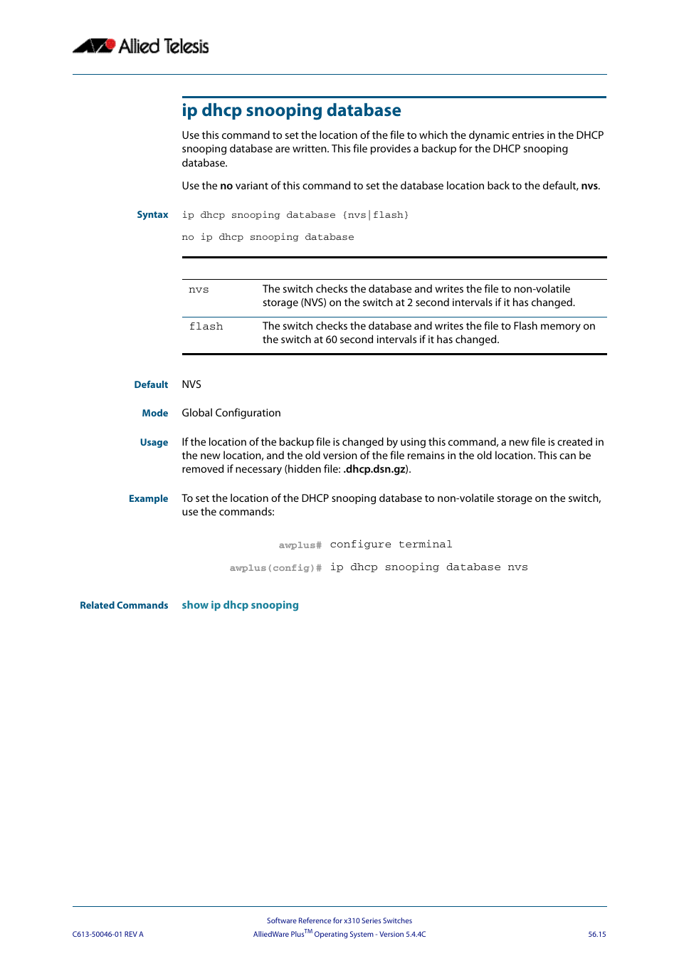Ip dhcp snooping database, Ip dhcp snooping database {nvs|flash | Allied Telesis AlliedWare Plus Operating System Version 5.4.4C (x310-26FT,x310-26FP,x310-50FT,x310-50FP) User Manual | Page 1453 / 2220