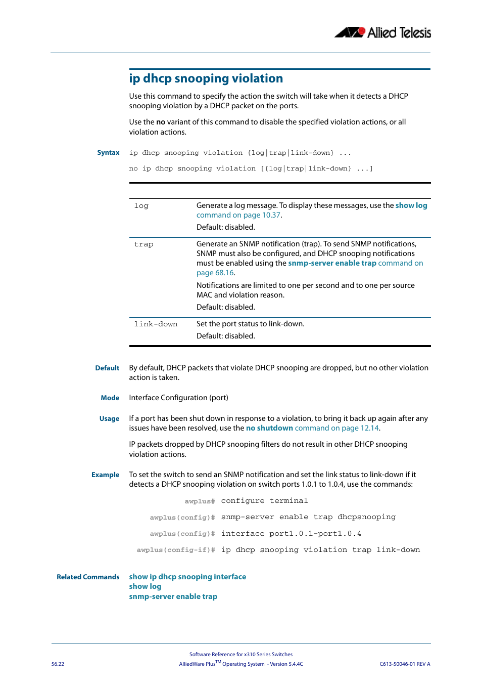 Ip dhcp snooping violation, Security violations, Ip dhcp snooping violation {log|trap | Link-down, Ip dhcp snooping | Allied Telesis AlliedWare Plus Operating System Version 5.4.4C (x310-26FT,x310-26FP,x310-50FT,x310-50FP) User Manual | Page 1460 / 2220