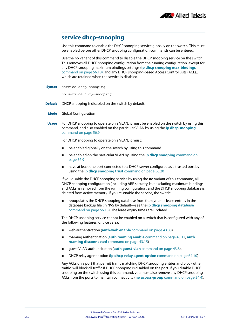 Service dhcp-snooping, Service, Service dhcp | Service dhcp-snooping command, Service dhcp-snooping command on | Allied Telesis AlliedWare Plus Operating System Version 5.4.4C (x310-26FT,x310-26FP,x310-50FT,x310-50FP) User Manual | Page 1462 / 2220