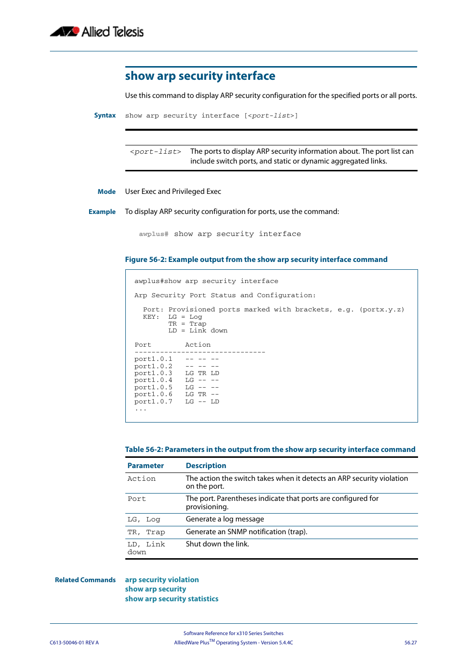 Show arp security interface, Show arp security interface [<port, List | Allied Telesis AlliedWare Plus Operating System Version 5.4.4C (x310-26FT,x310-26FP,x310-50FT,x310-50FP) User Manual | Page 1465 / 2220
