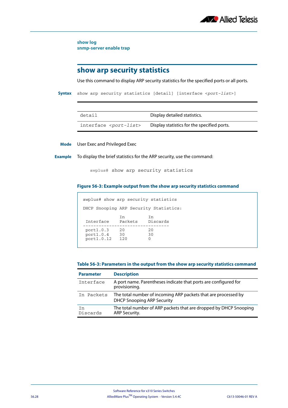 Show arp security statistics, Show arp security statistics [detail, Interface <port-list | Allied Telesis AlliedWare Plus Operating System Version 5.4.4C (x310-26FT,x310-26FP,x310-50FT,x310-50FP) User Manual | Page 1466 / 2220