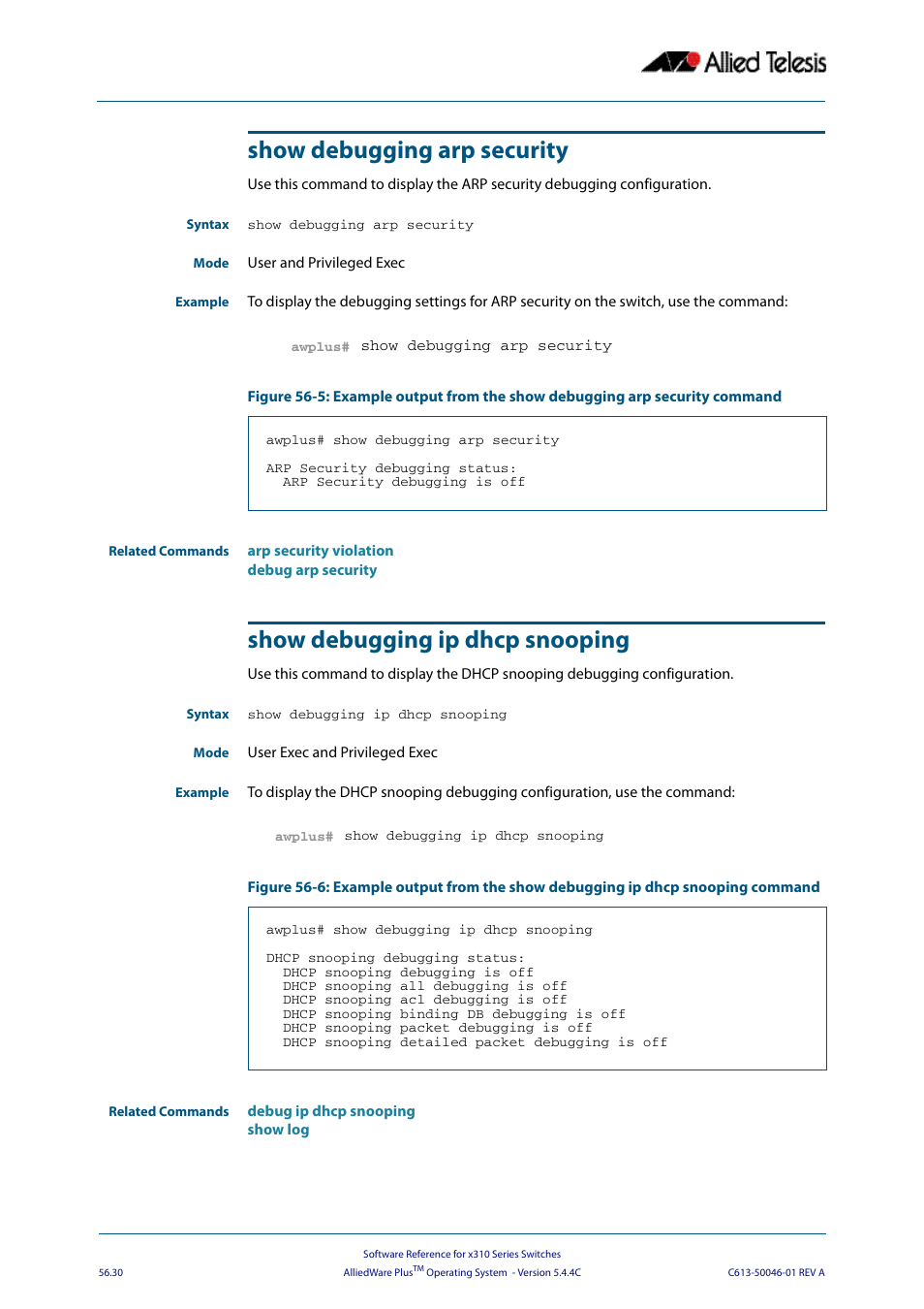 Show debugging arp security, Show debugging ip dhcp snooping | Allied Telesis AlliedWare Plus Operating System Version 5.4.4C (x310-26FT,x310-26FP,x310-50FT,x310-50FP) User Manual | Page 1468 / 2220