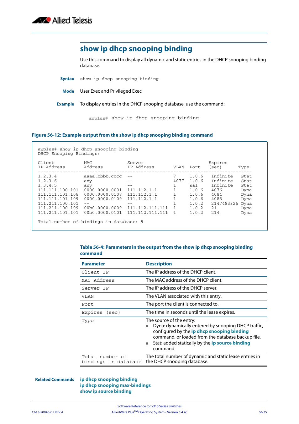 Show ip dhcp snooping binding | Allied Telesis AlliedWare Plus Operating System Version 5.4.4C (x310-26FT,x310-26FP,x310-50FT,x310-50FP) User Manual | Page 1473 / 2220
