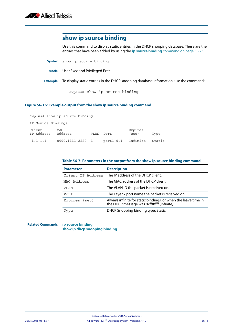 Show ip source binding | Allied Telesis AlliedWare Plus Operating System Version 5.4.4C (x310-26FT,x310-26FP,x310-50FT,x310-50FP) User Manual | Page 1479 / 2220