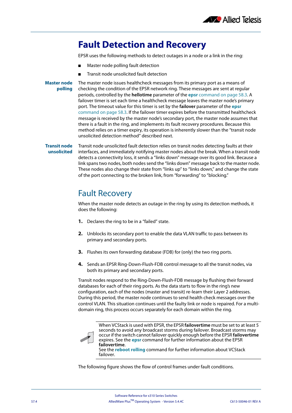 Fault detection and recovery, Fault recovery | Allied Telesis AlliedWare Plus Operating System Version 5.4.4C (x310-26FT,x310-26FP,x310-50FT,x310-50FP) User Manual | Page 1486 / 2220