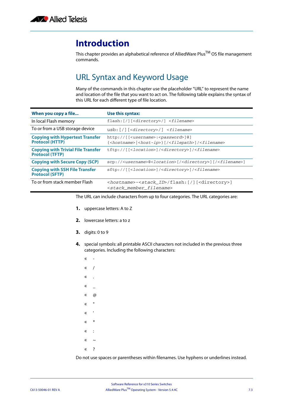 Introduction, Url syntax and keyword usage | Allied Telesis AlliedWare Plus Operating System Version 5.4.4C (x310-26FT,x310-26FP,x310-50FT,x310-50FP) User Manual | Page 149 / 2220