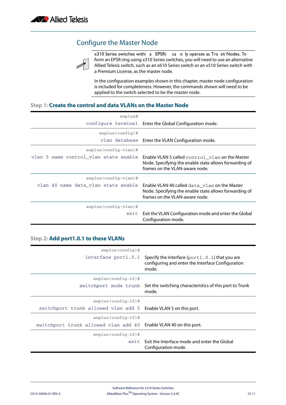 Configure the master node | Allied Telesis AlliedWare Plus Operating System Version 5.4.4C (x310-26FT,x310-26FP,x310-50FT,x310-50FP) User Manual | Page 1493 / 2220