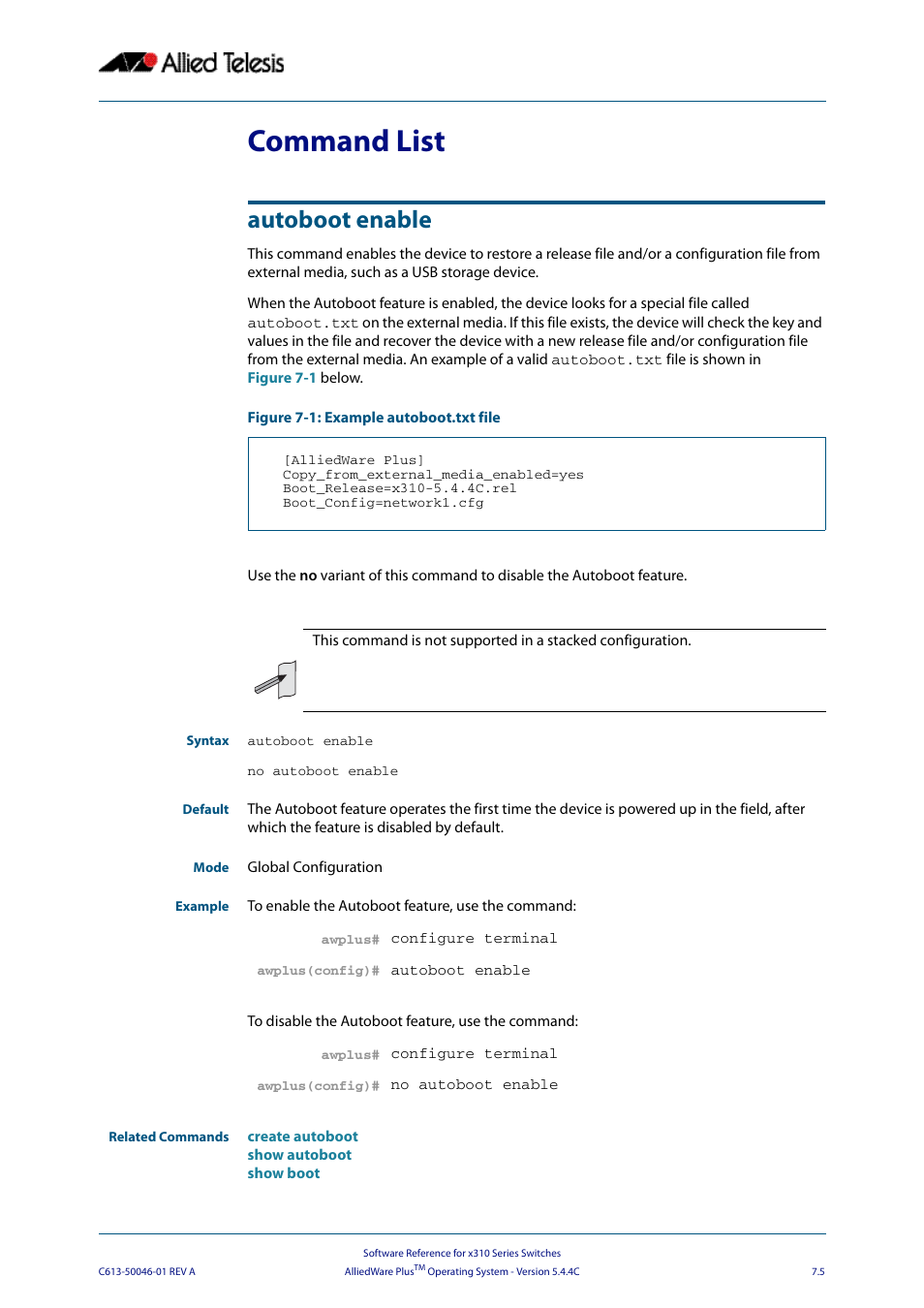 Command list, Autoboot enable, No autoboot enable | Command list autoboot enable | Allied Telesis AlliedWare Plus Operating System Version 5.4.4C (x310-26FT,x310-26FP,x310-50FT,x310-50FP) User Manual | Page 151 / 2220