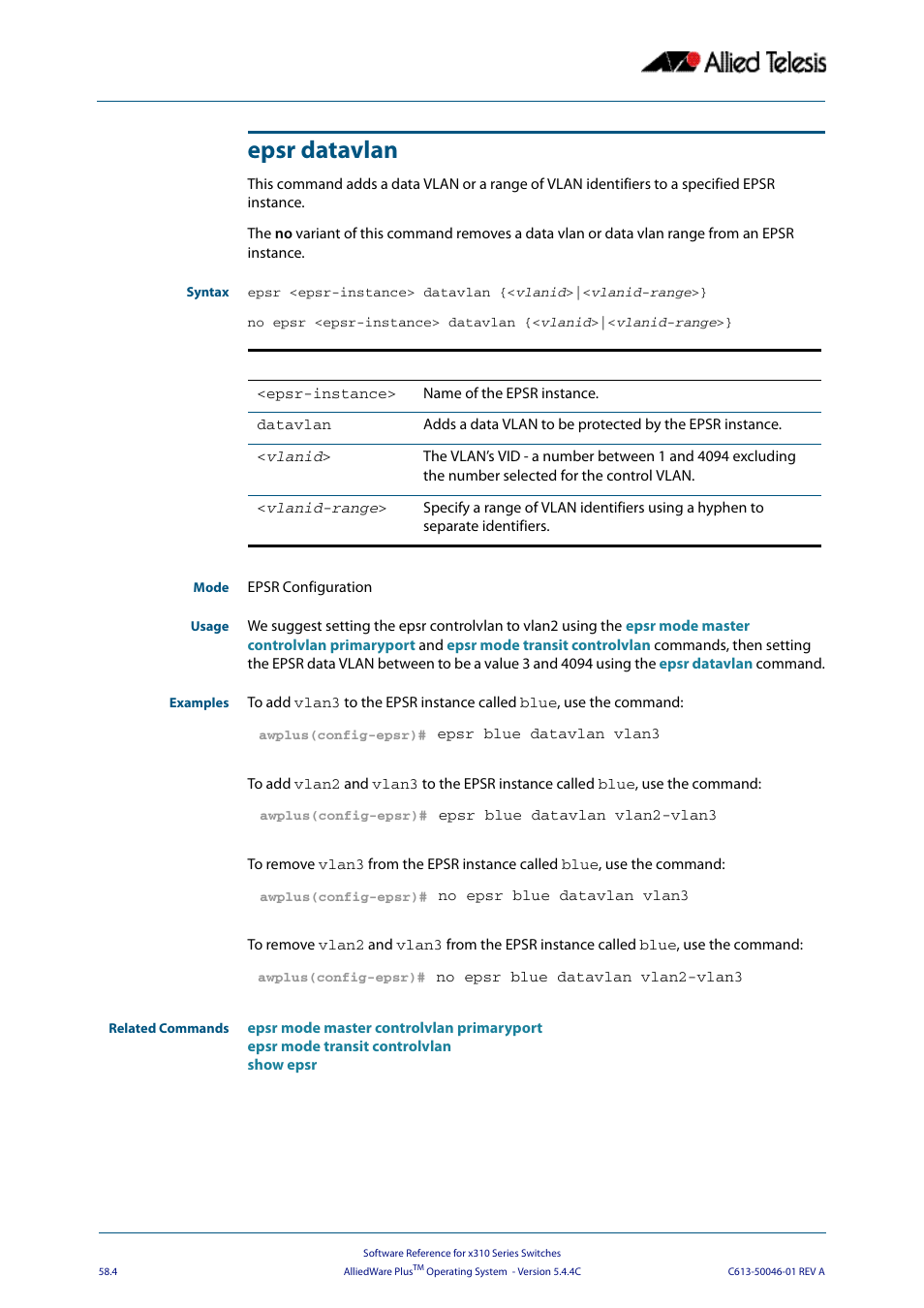 Epsr datavlan | Allied Telesis AlliedWare Plus Operating System Version 5.4.4C (x310-26FT,x310-26FP,x310-50FT,x310-50FP) User Manual | Page 1530 / 2220