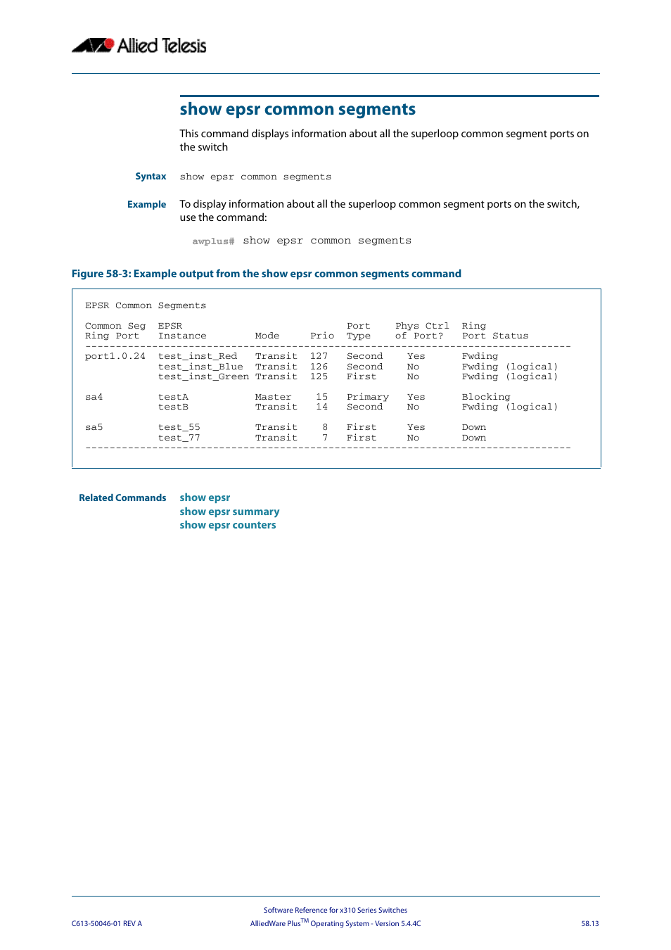 Show epsr common segments | Allied Telesis AlliedWare Plus Operating System Version 5.4.4C (x310-26FT,x310-26FP,x310-50FT,x310-50FP) User Manual | Page 1539 / 2220