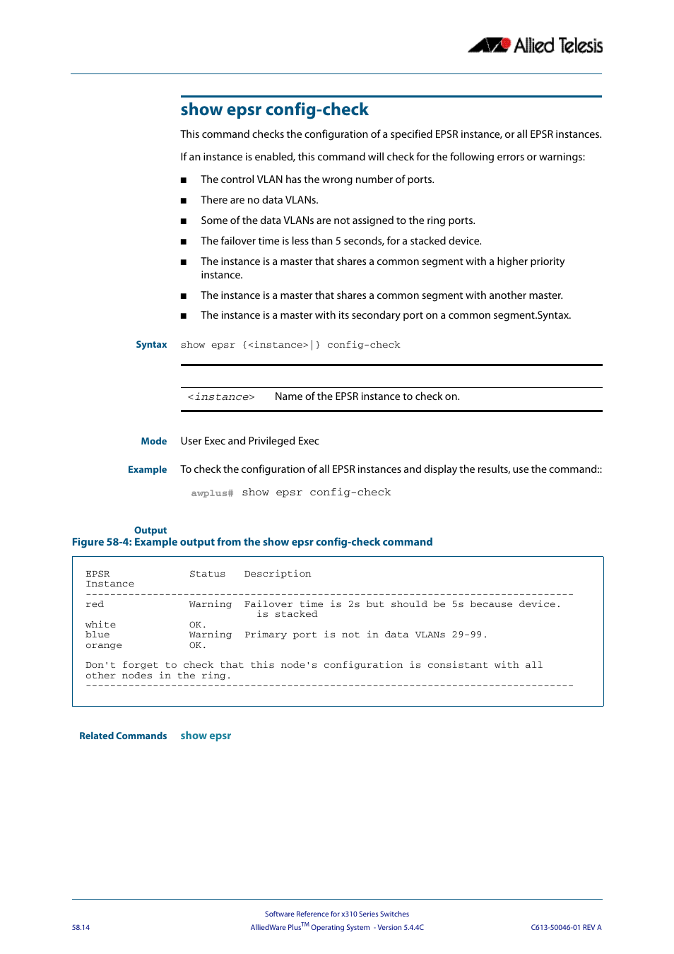 Show epsr config-check | Allied Telesis AlliedWare Plus Operating System Version 5.4.4C (x310-26FT,x310-26FP,x310-50FT,x310-50FP) User Manual | Page 1540 / 2220