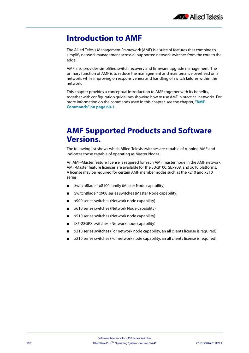 Introduction to amf, Amf supported products and software versions | Allied Telesis AlliedWare Plus Operating System Version 5.4.4C (x310-26FT,x310-26FP,x310-50FT,x310-50FP) User Manual | Page 1546 / 2220