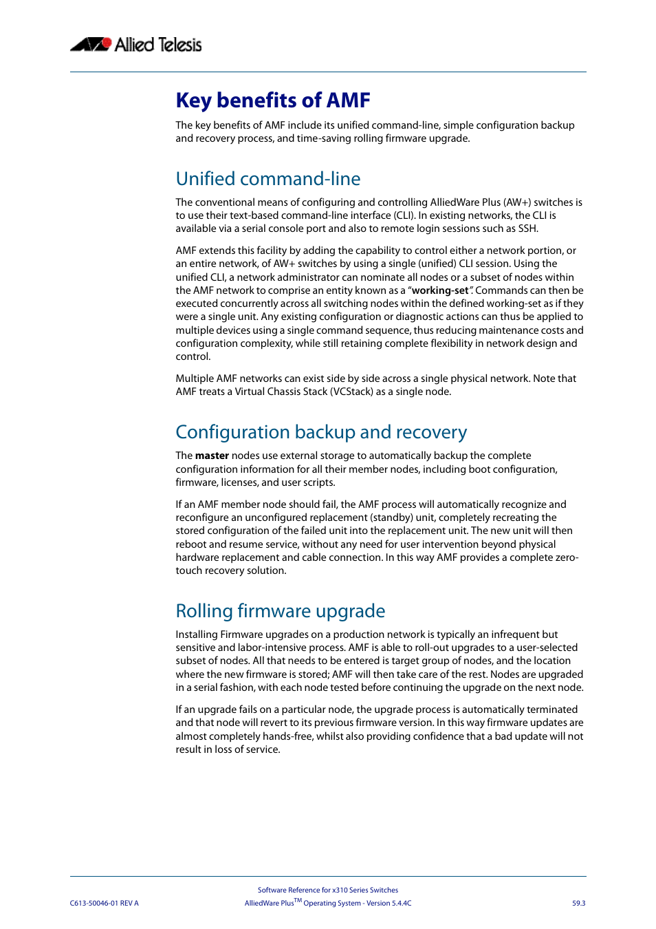Key benefits of amf, Unified command-line, Configuration backup and recovery | Rolling firmware upgrade | Allied Telesis AlliedWare Plus Operating System Version 5.4.4C (x310-26FT,x310-26FP,x310-50FT,x310-50FP) User Manual | Page 1547 / 2220