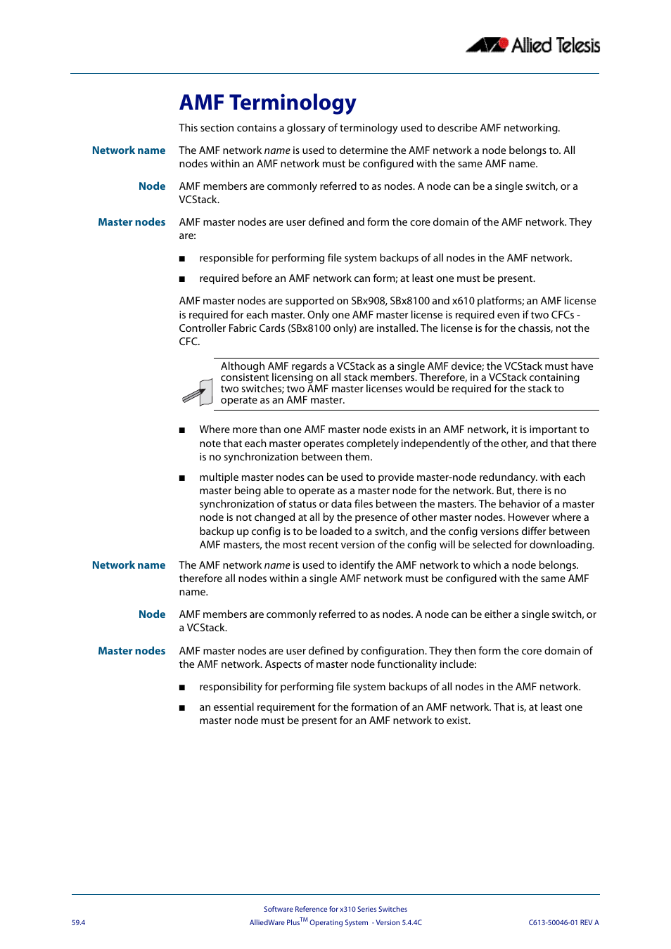 Amf terminology | Allied Telesis AlliedWare Plus Operating System Version 5.4.4C (x310-26FT,x310-26FP,x310-50FT,x310-50FP) User Manual | Page 1548 / 2220