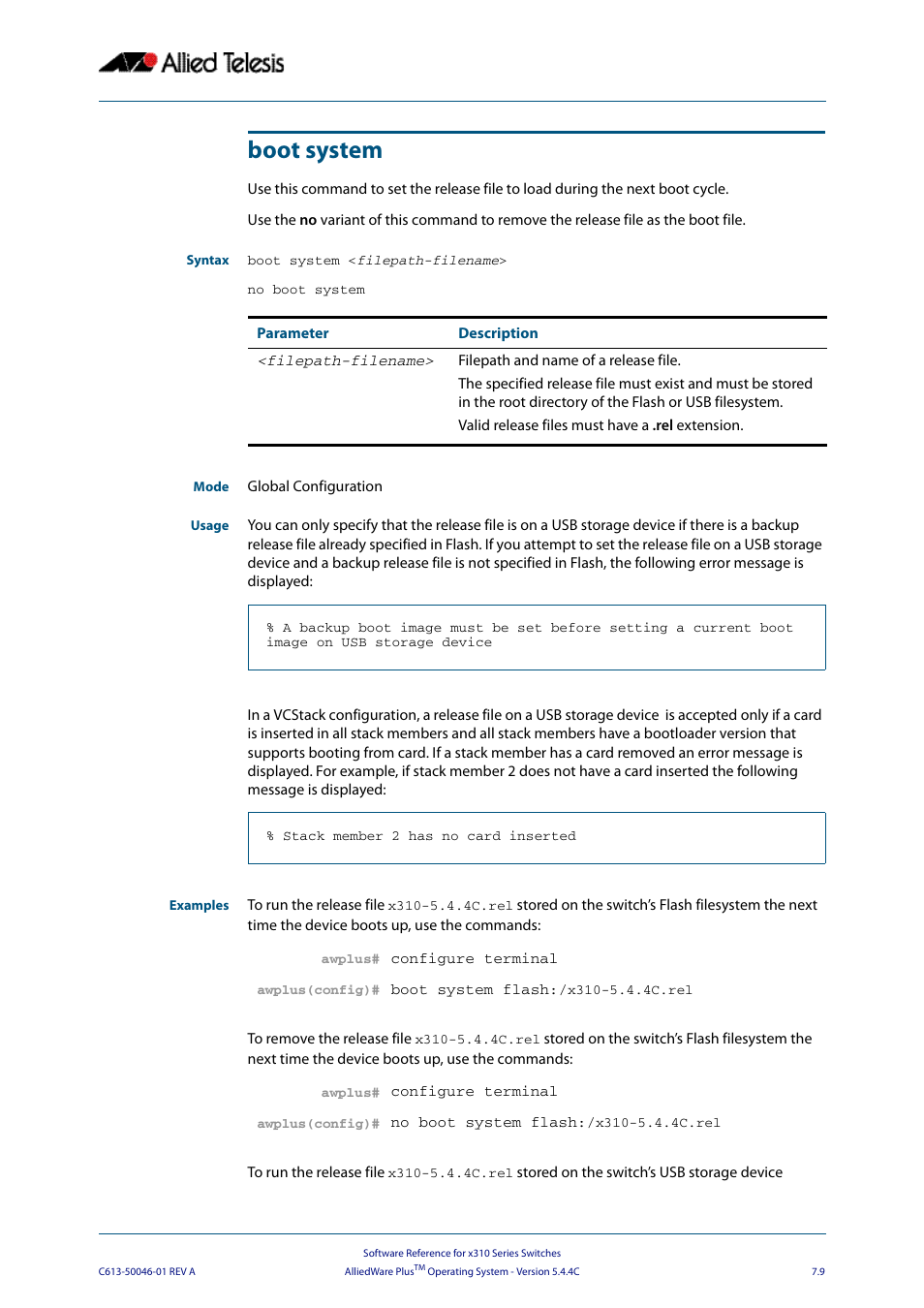 Boot system | Allied Telesis AlliedWare Plus Operating System Version 5.4.4C (x310-26FT,x310-26FP,x310-50FT,x310-50FP) User Manual | Page 155 / 2220