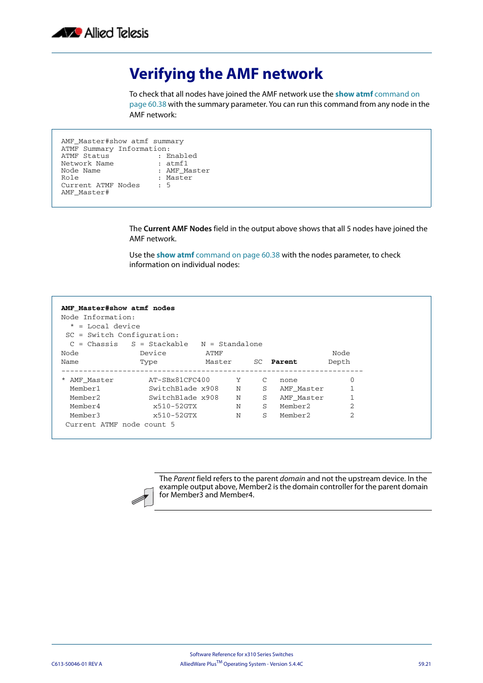 Verifying the amf network | Allied Telesis AlliedWare Plus Operating System Version 5.4.4C (x310-26FT,x310-26FP,x310-50FT,x310-50FP) User Manual | Page 1565 / 2220