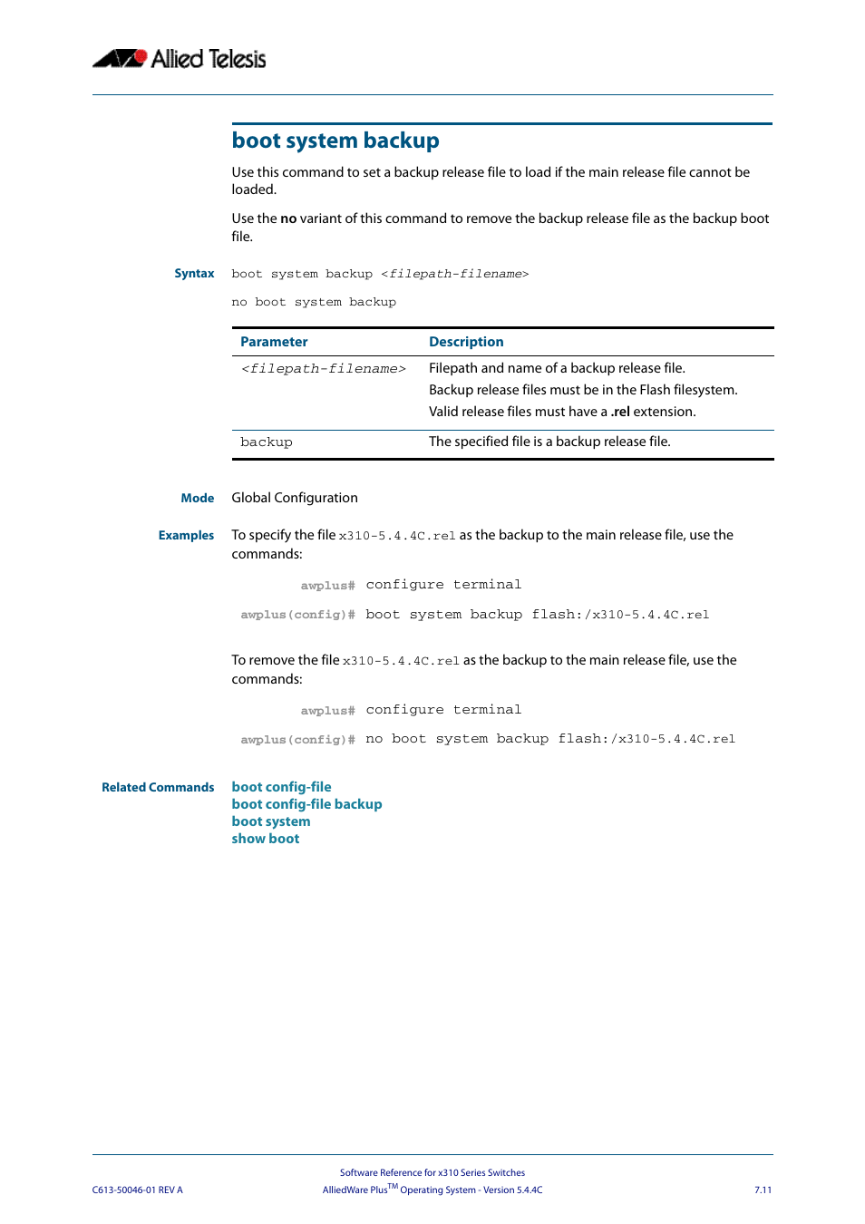 Boot system backup | Allied Telesis AlliedWare Plus Operating System Version 5.4.4C (x310-26FT,x310-26FP,x310-50FT,x310-50FP) User Manual | Page 157 / 2220