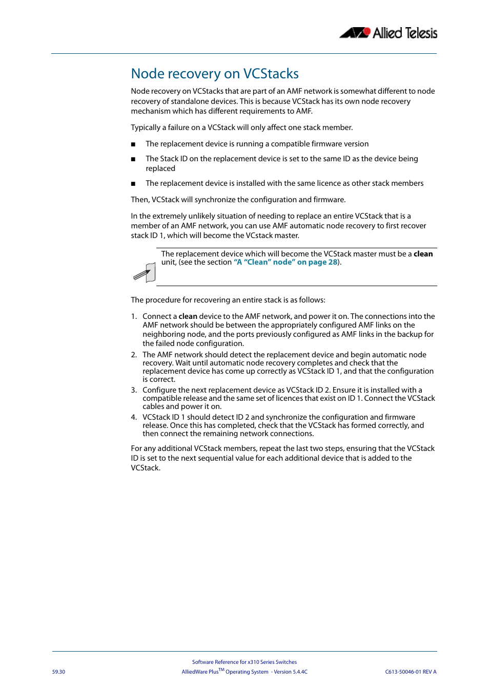 Node recovery on vcstacks | Allied Telesis AlliedWare Plus Operating System Version 5.4.4C (x310-26FT,x310-26FP,x310-50FT,x310-50FP) User Manual | Page 1574 / 2220